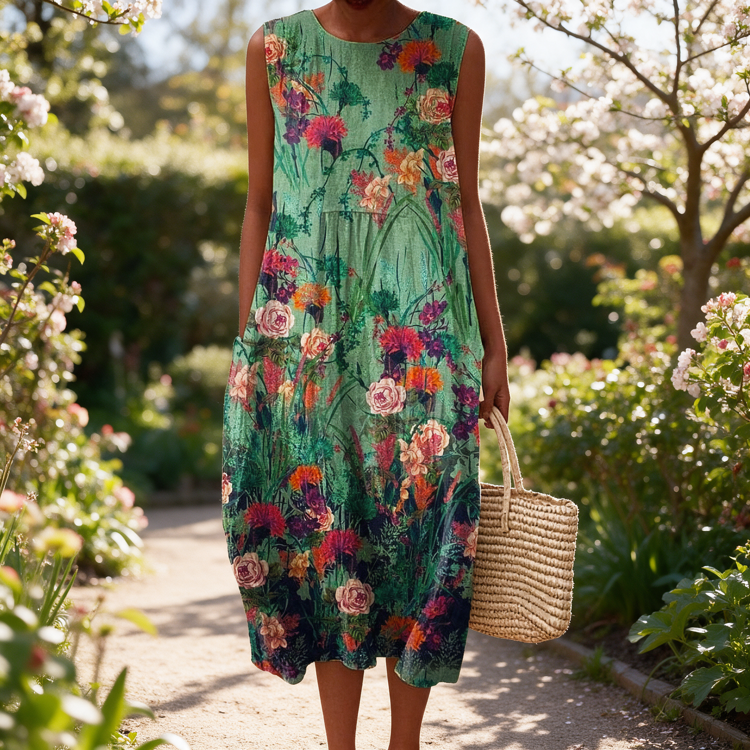 Gemma spring dress in a sunlit garden