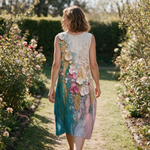 Renee spring dress back view on a garden path