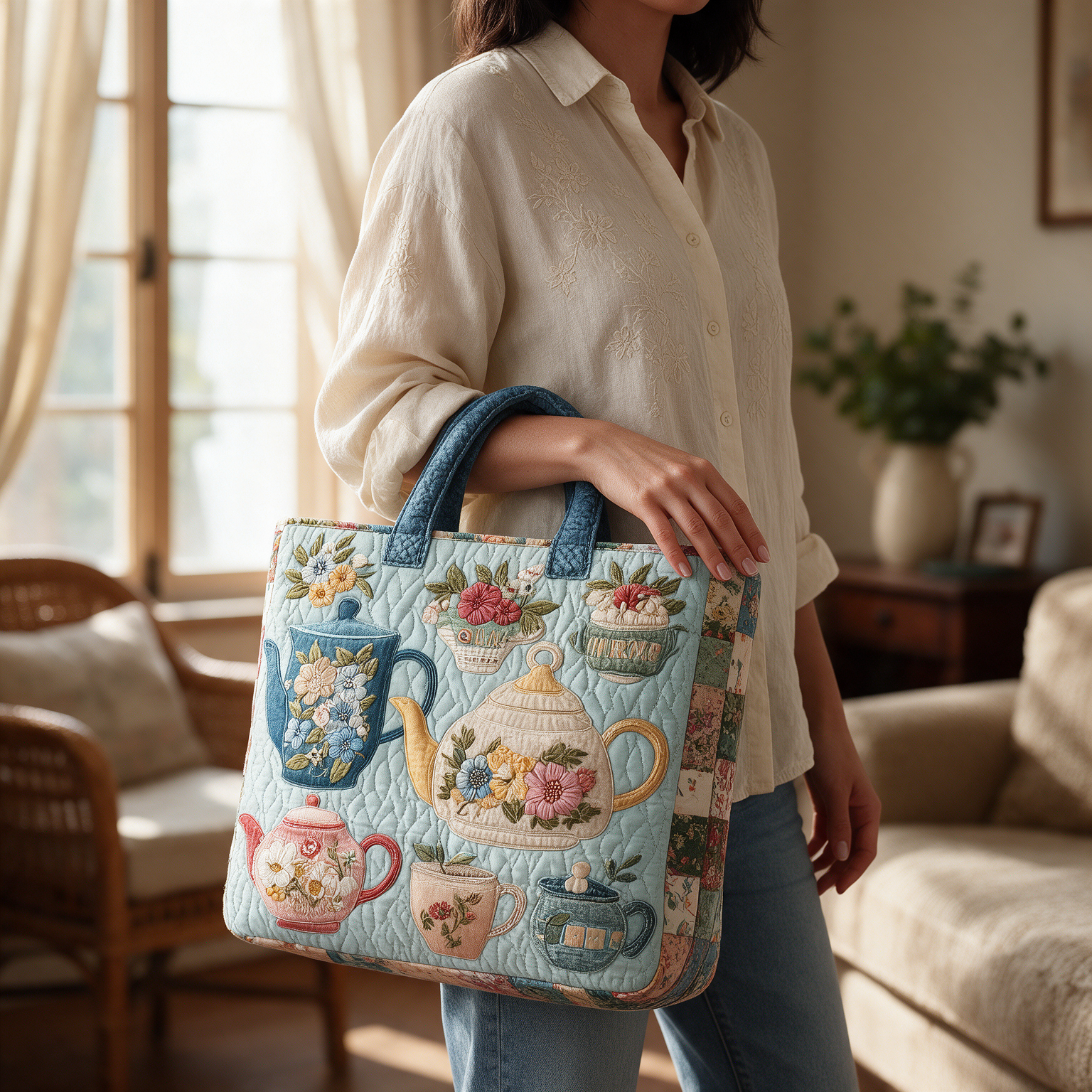 Flora quilted tote bag worn on the shoulder
