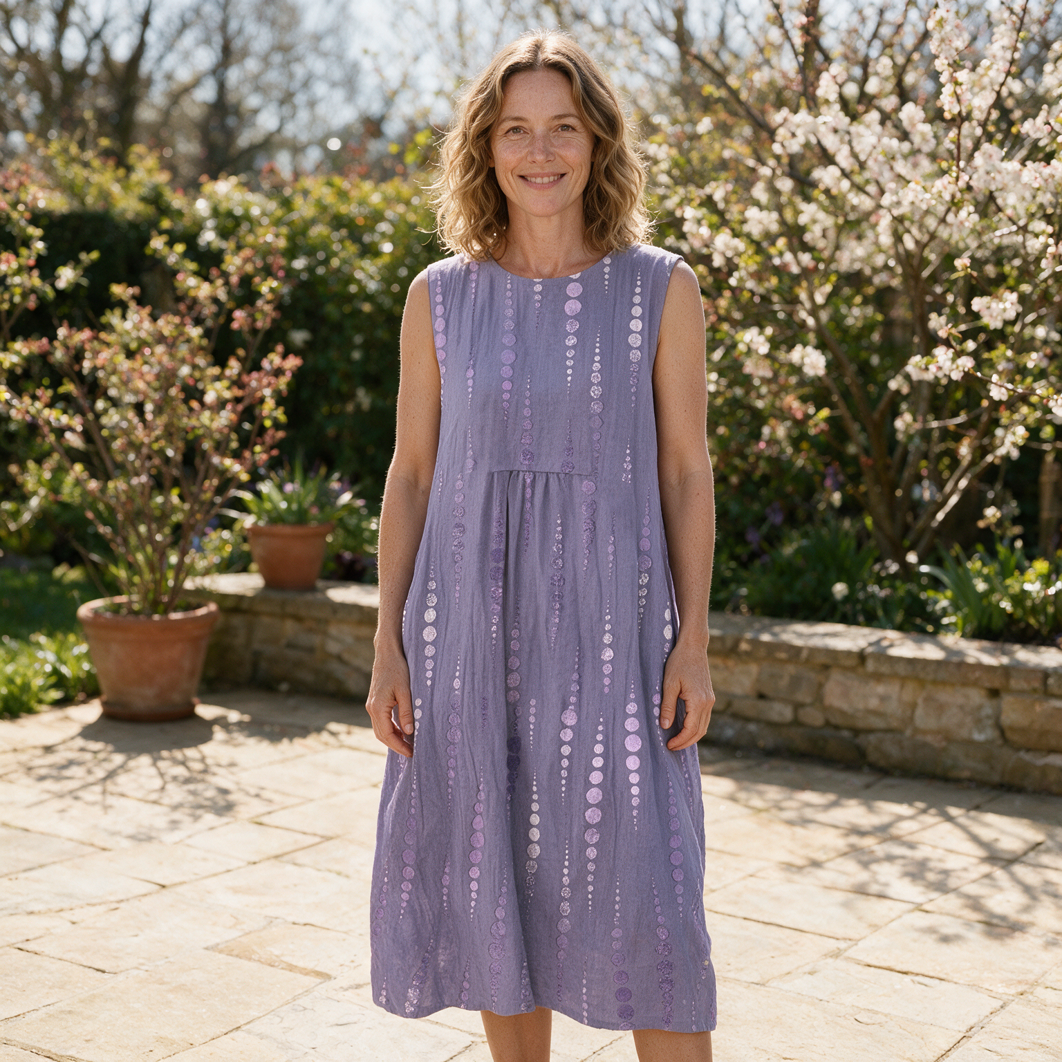 Roxanne spring dress front view on garden terrace