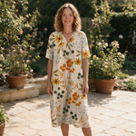 Josephine spring dress front view on garden terrace