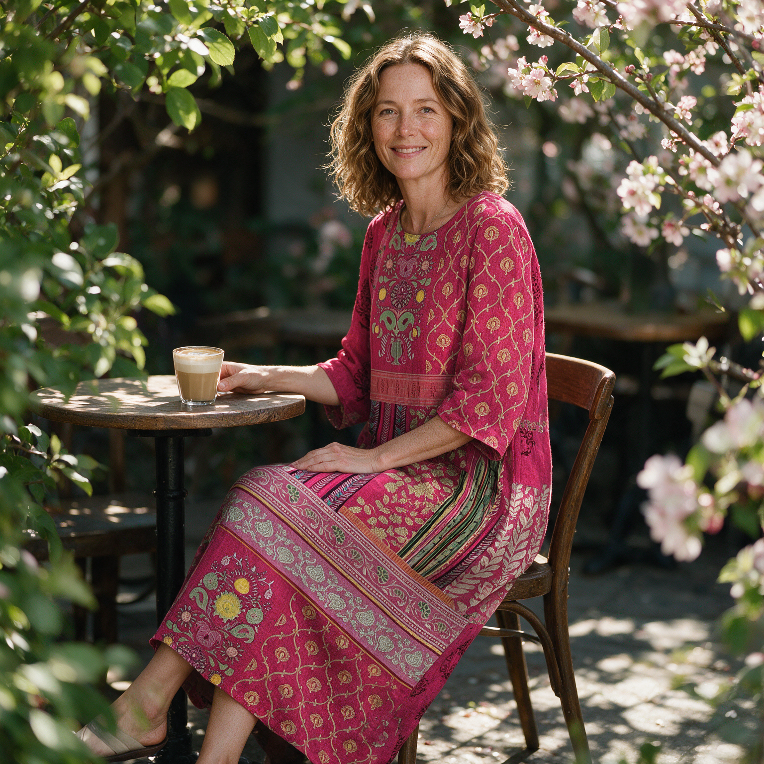 Willow spring dress three quarter view at an outdoor cafe