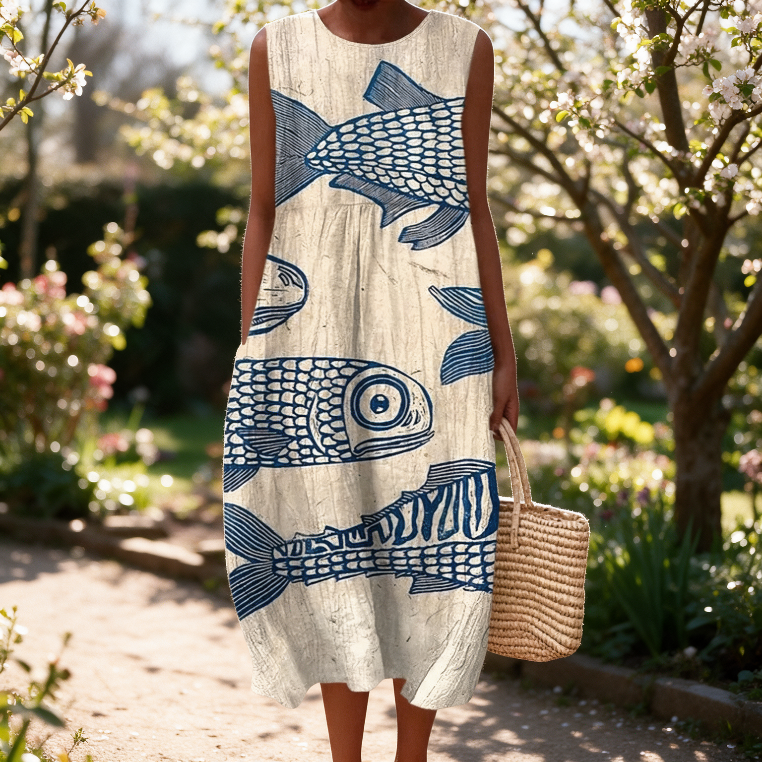 Sally spring dress in a sunlit garden
