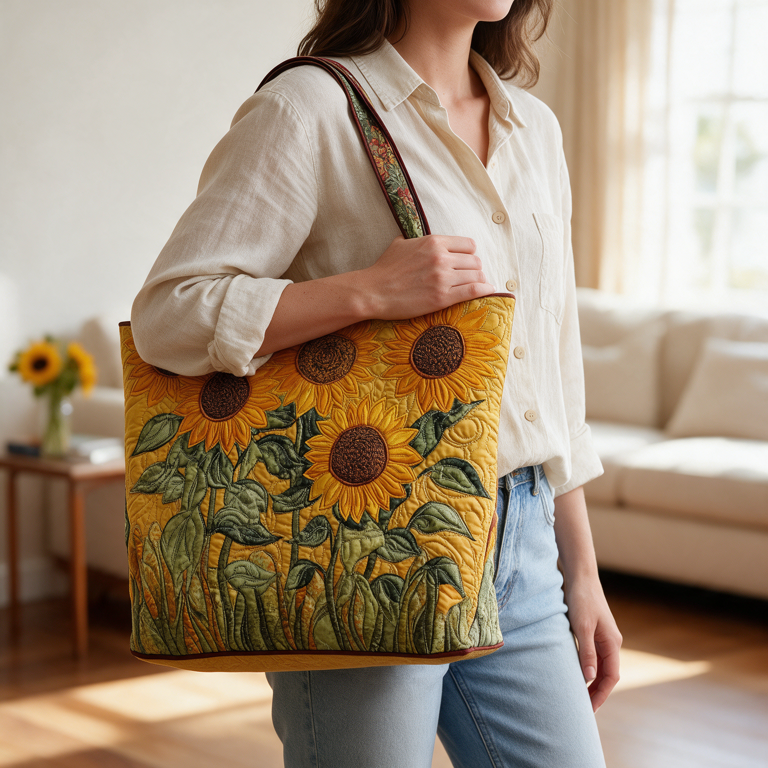 Gail quilted tote bag worn on the shoulder