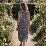 Merle spring dress back view on a garden path