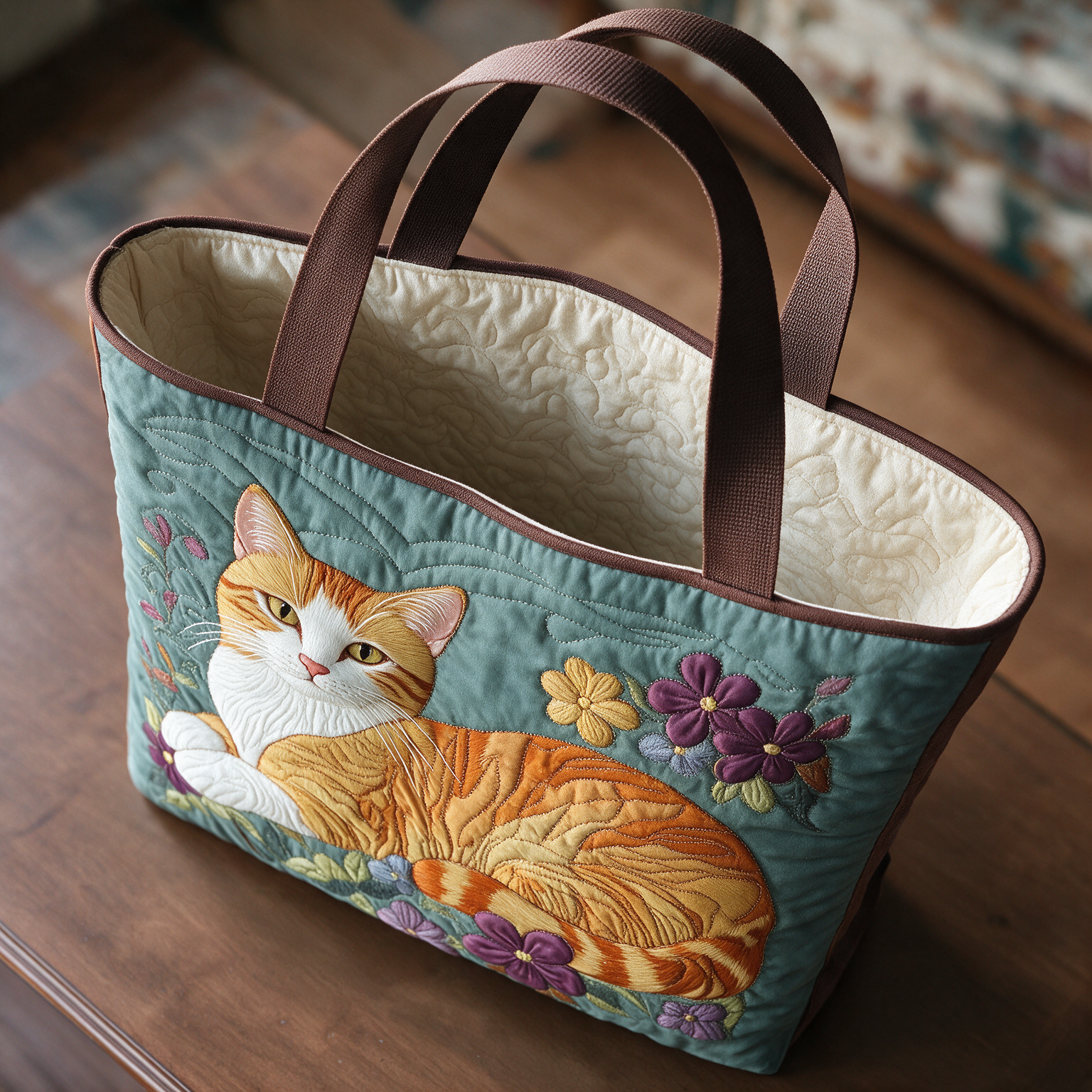 Olive quilted tote bag interior lining