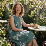 Tanya spring dress three quarter view at an outdoor cafe