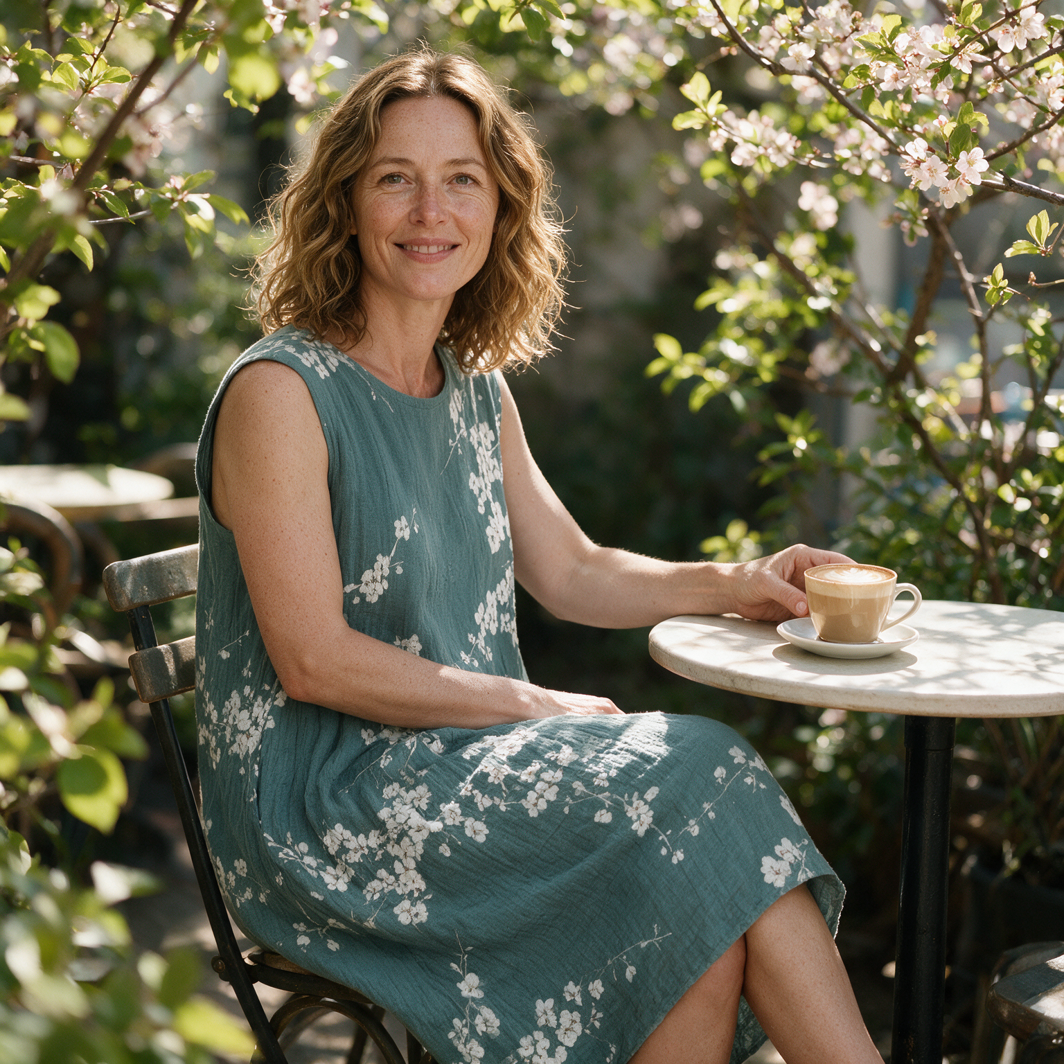 Tanya spring dress three quarter view at an outdoor cafe