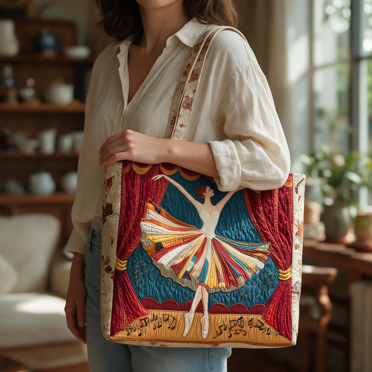 Rochelle quilted tote bag worn on the shoulder