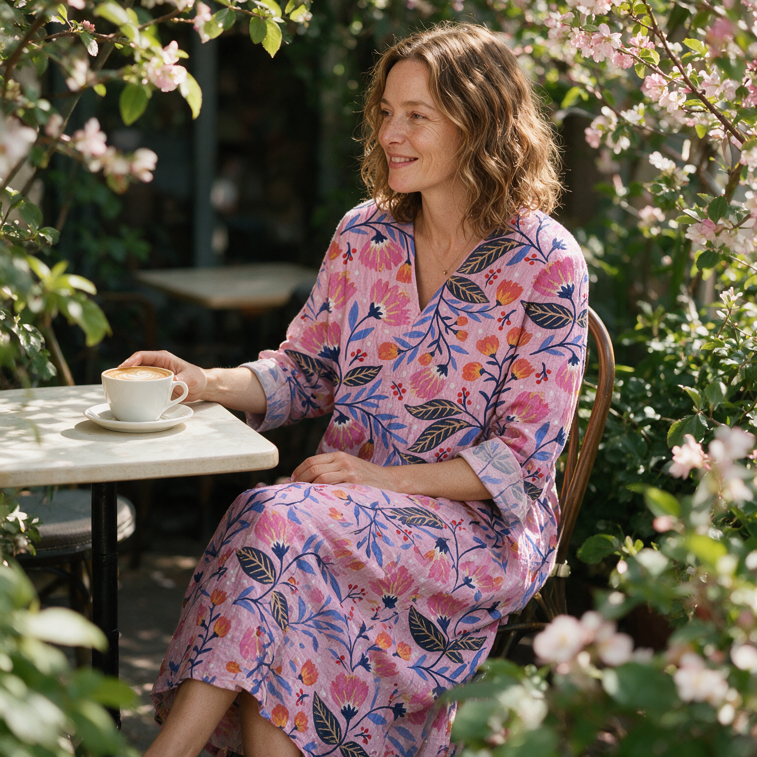 Clothilde spring dress three quarter view at an outdoor cafe