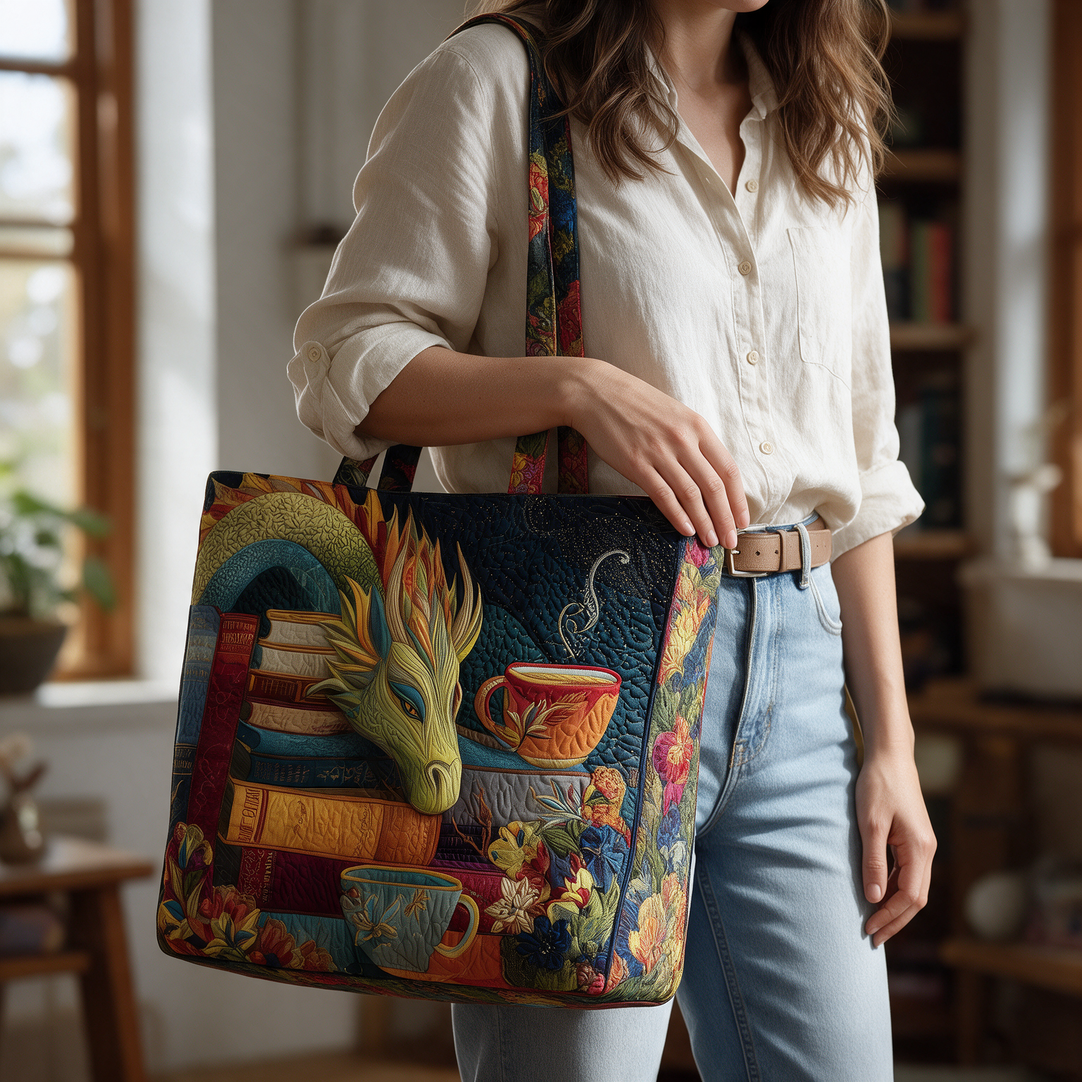 Dulcie quilted tote bag worn on the shoulder