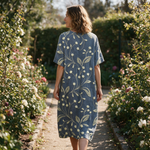 Marika spring dress back view on a garden path