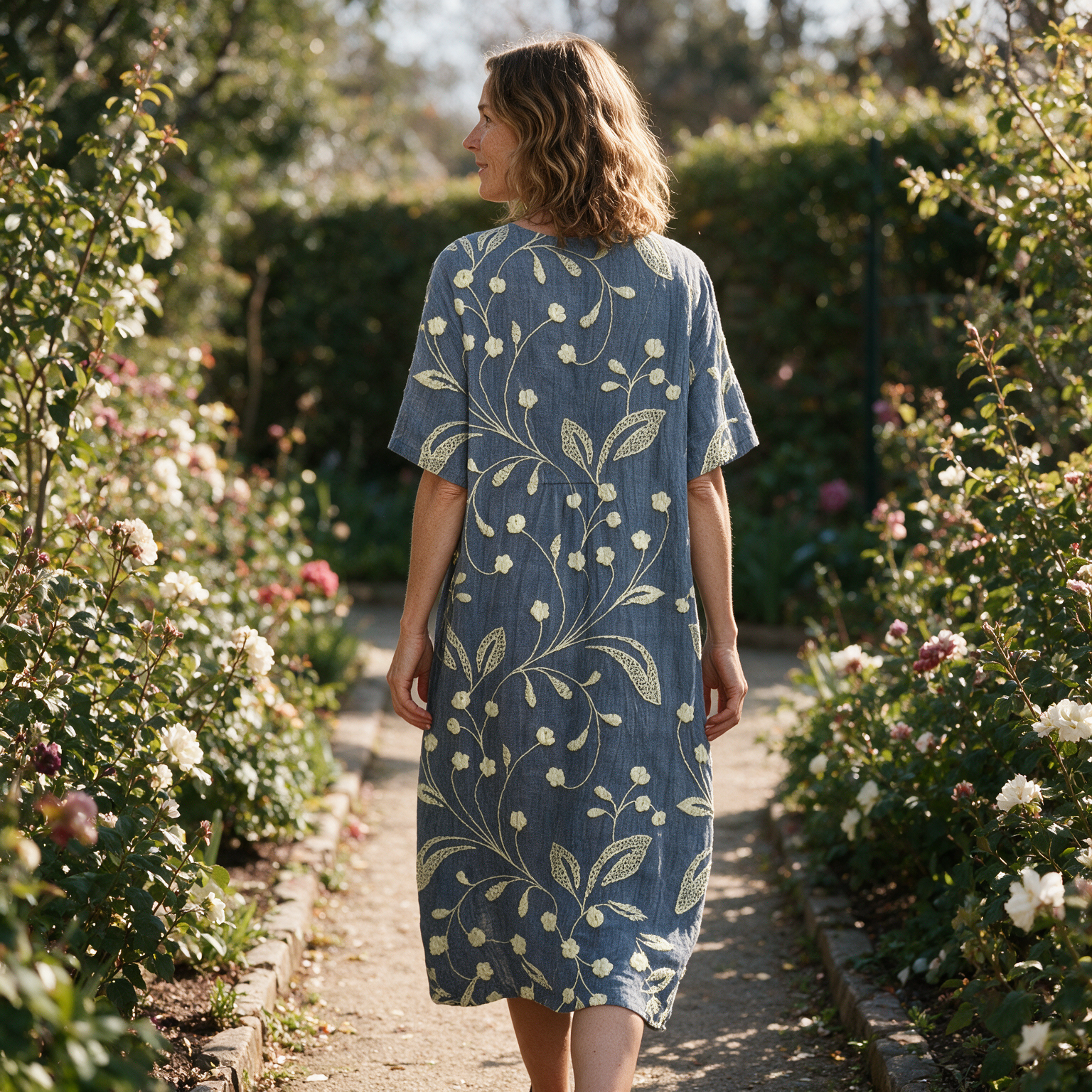 Marika spring dress back view on a garden path