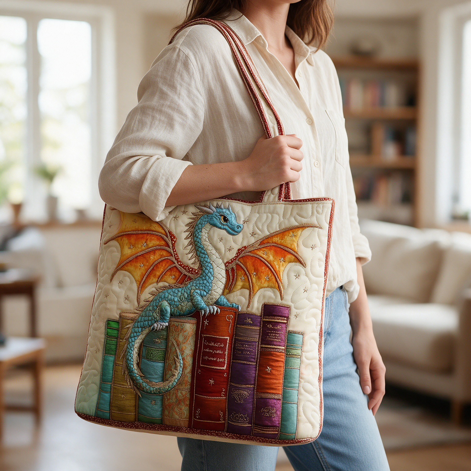 Emerald quilted tote bag worn on the shoulder