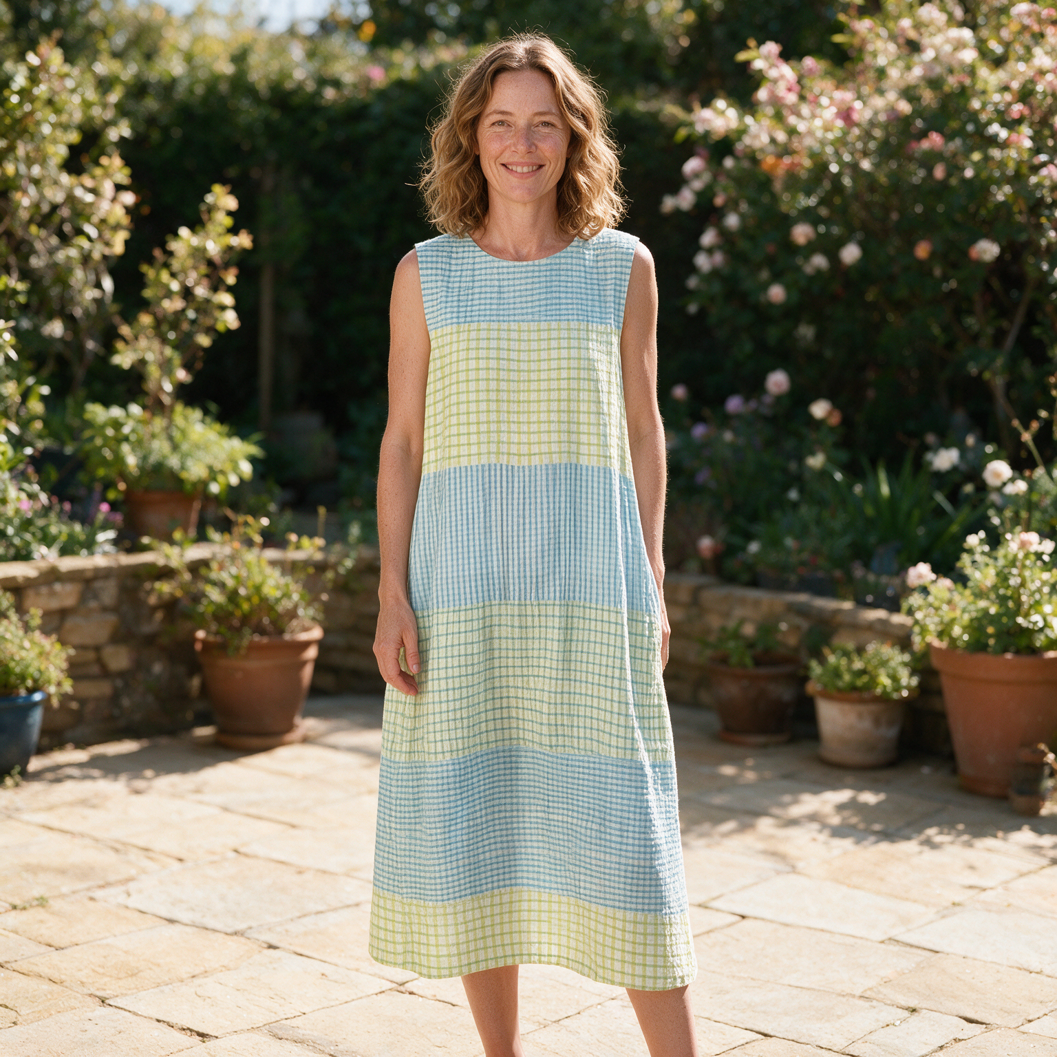 Lisa spring dress front view on garden terrace