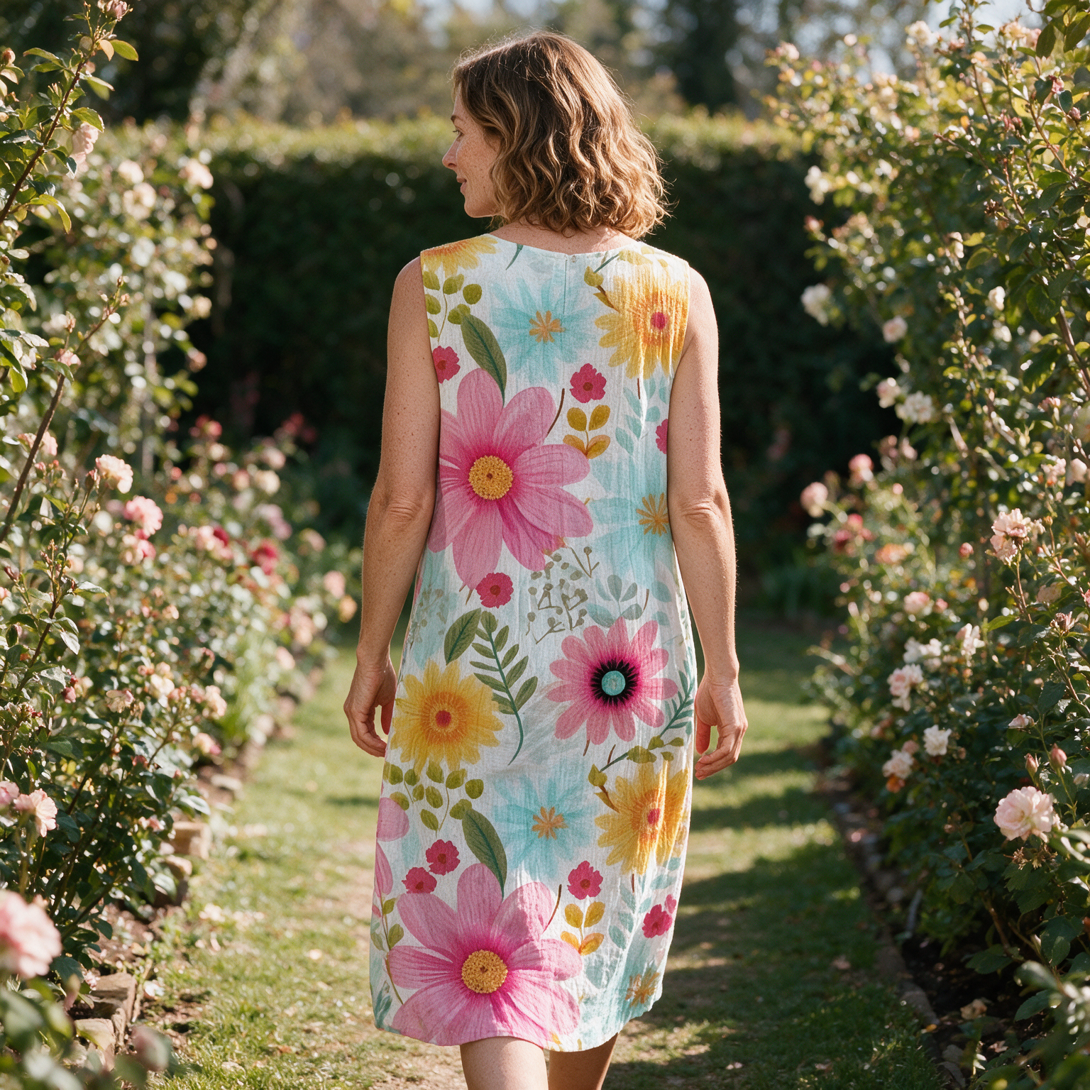 Felicity spring dress back view on a garden path
