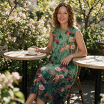 Gemma spring dress three quarter view at an outdoor cafe