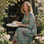 Nicole spring dress three quarter view at an outdoor cafe