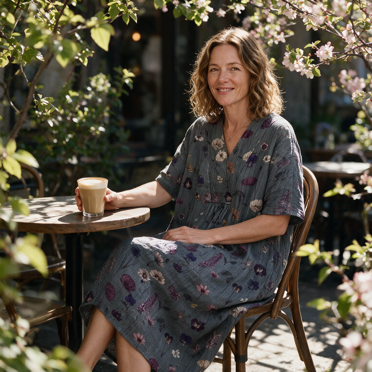 Marnie spring dress three quarter view at an outdoor cafe