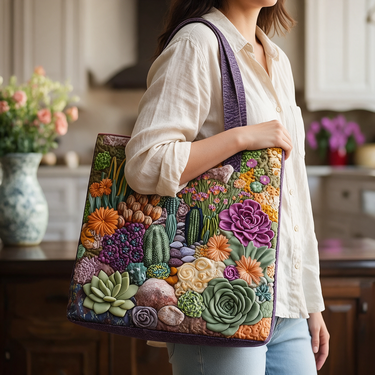 Trudy quilted tote bag worn on the shoulder