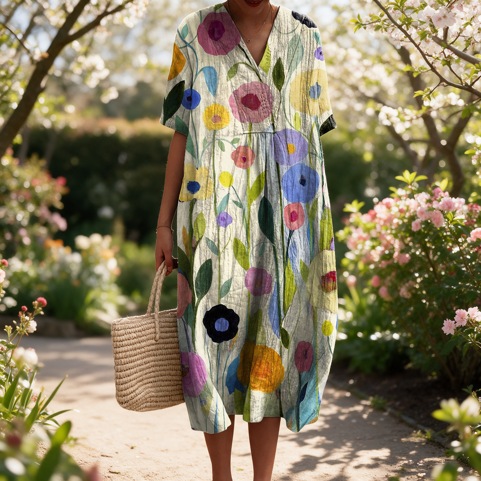 Lydia spring dress in a sunlit garden