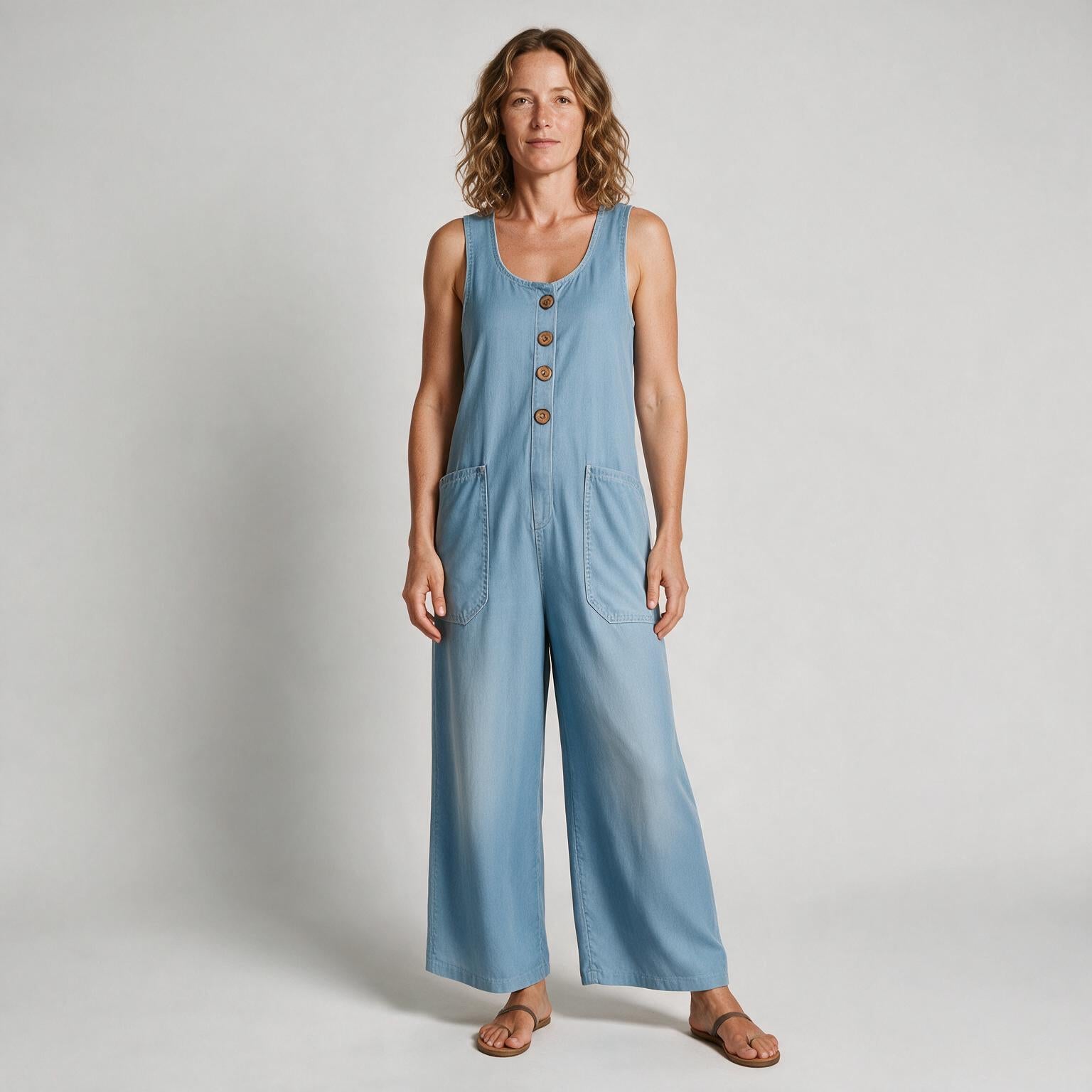 Isla Vintage Washed Denim Cotton Jumpsuit - front view