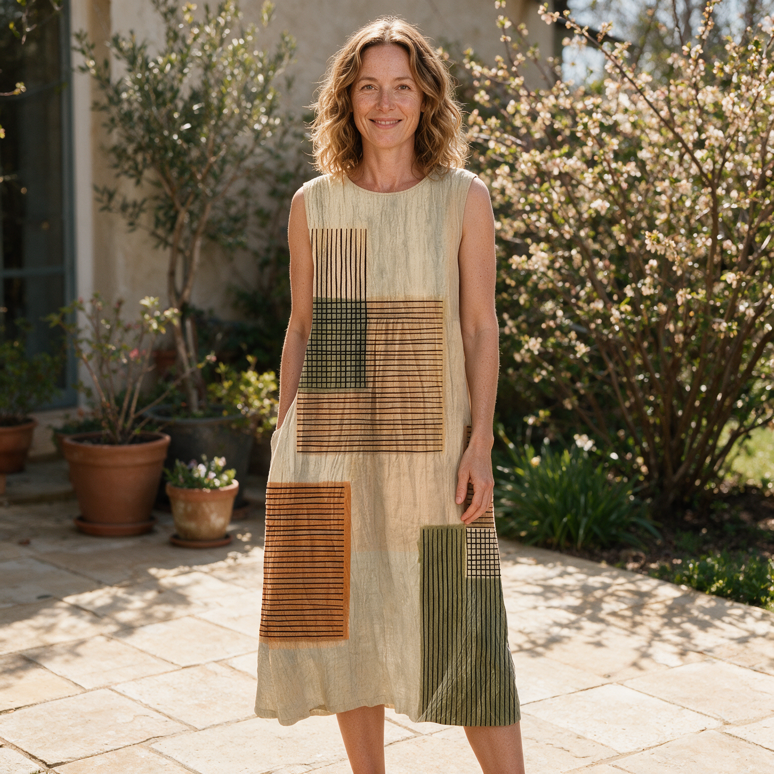 Geraldine spring dress front view on garden terrace