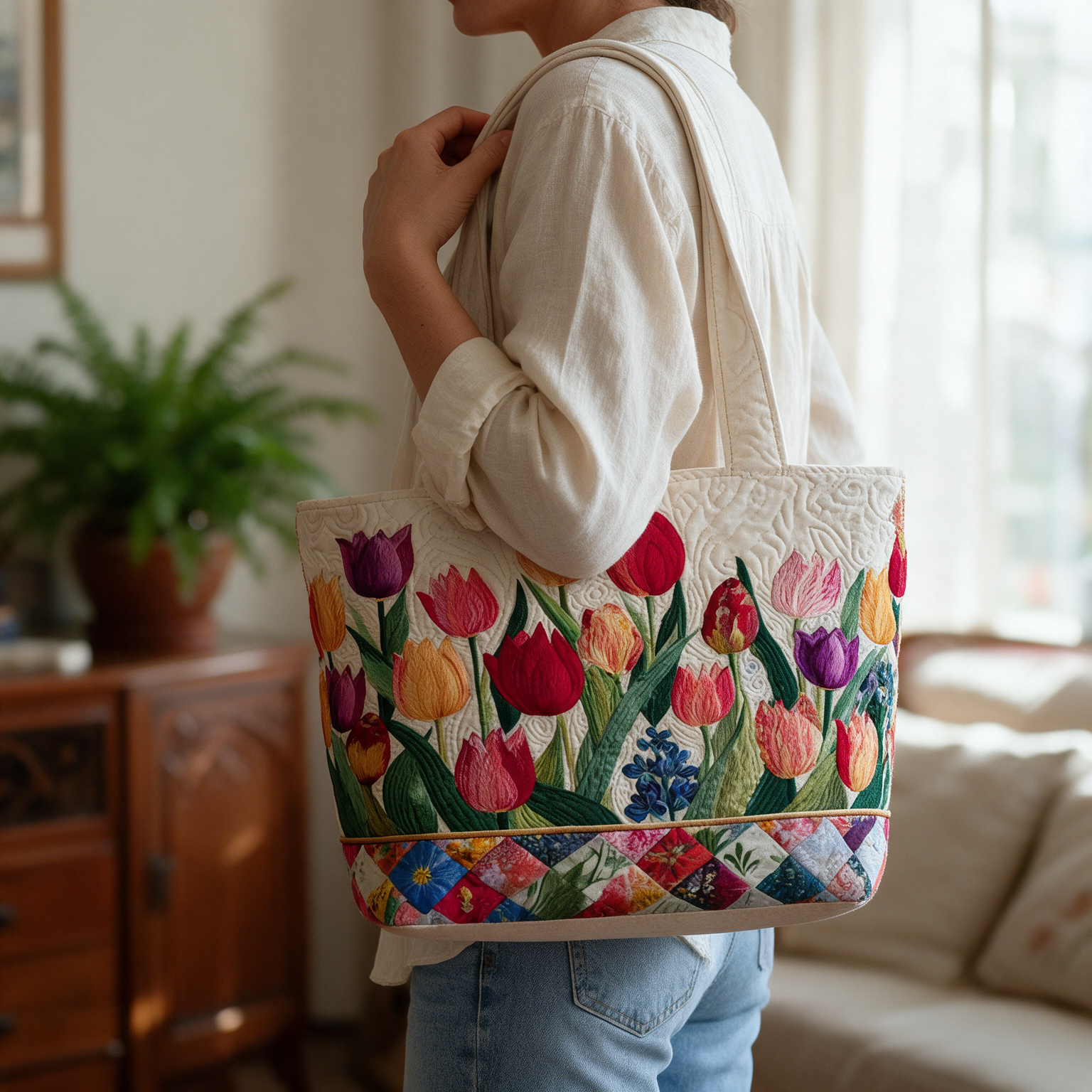 Tania quilted tote bag worn on the shoulder