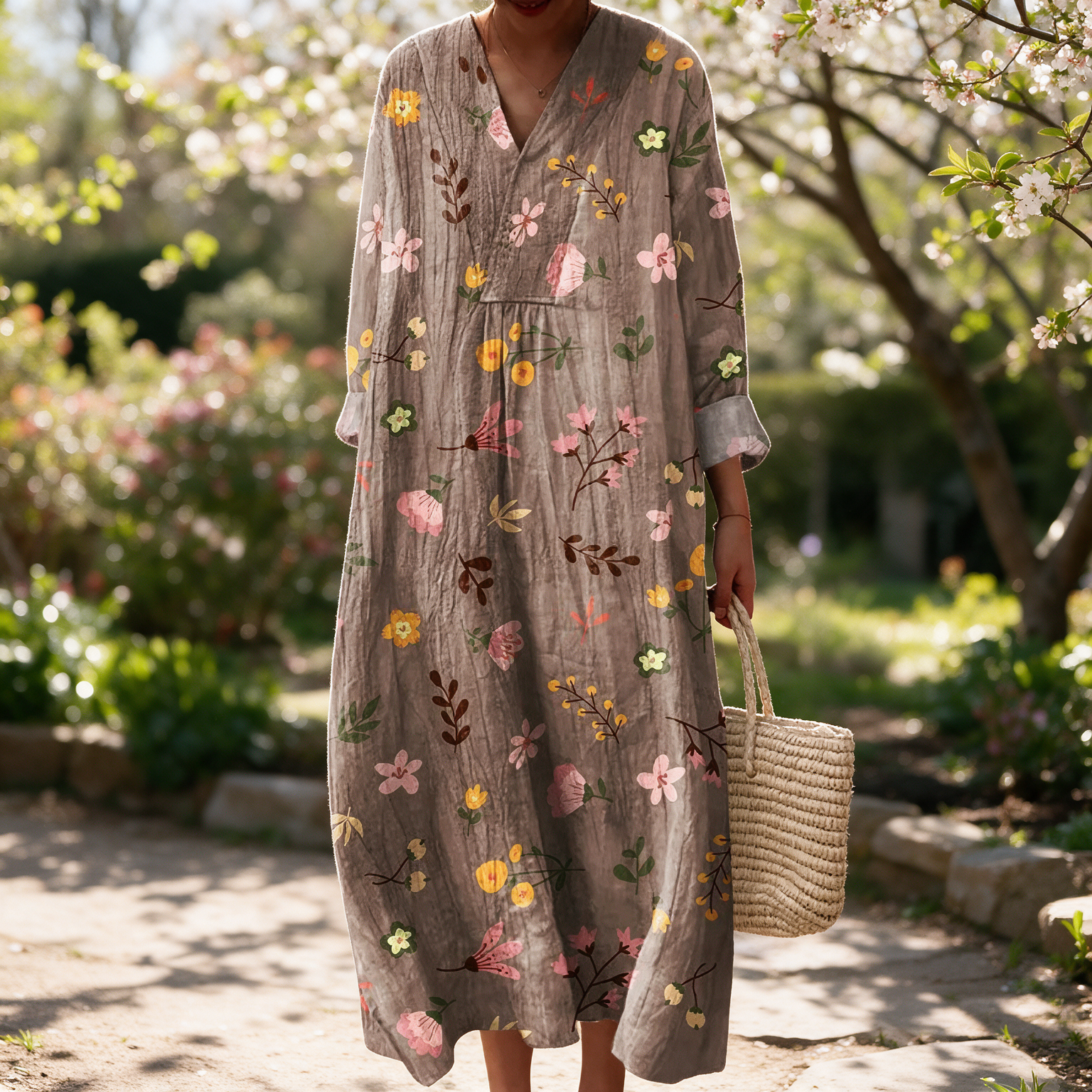 Gillian spring dress in a sunlit garden
