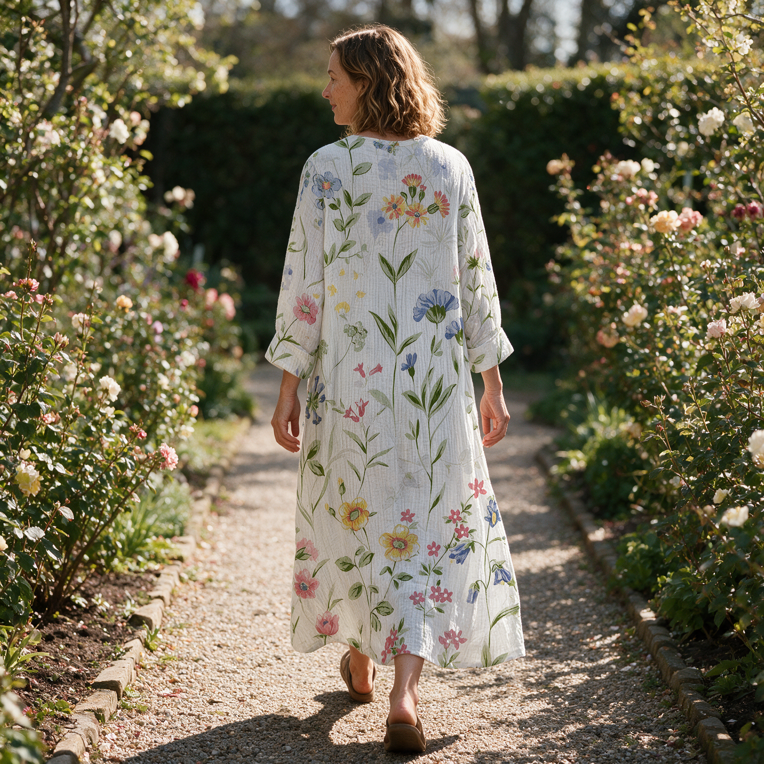 Belinda spring dress back view on a garden path