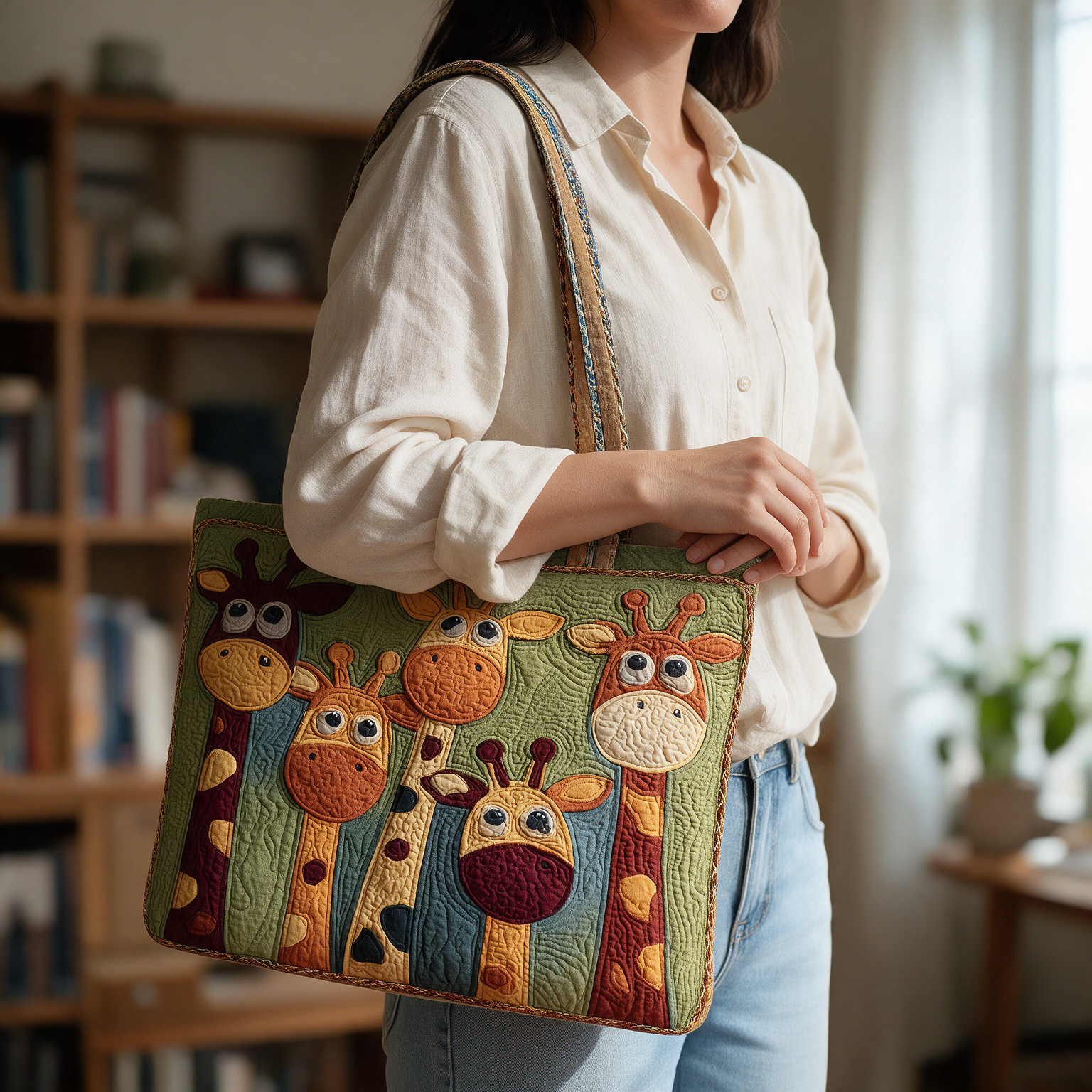 Heather quilted tote bag worn on the shoulder