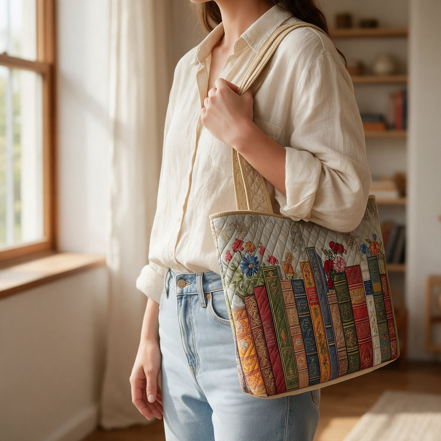 Libby quilted tote bag worn on the shoulder