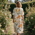 Josephine spring dress back view on a garden path