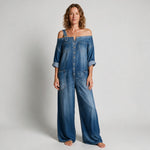 Charlotte Off-Shoulder Denim Jumpsuit - front view