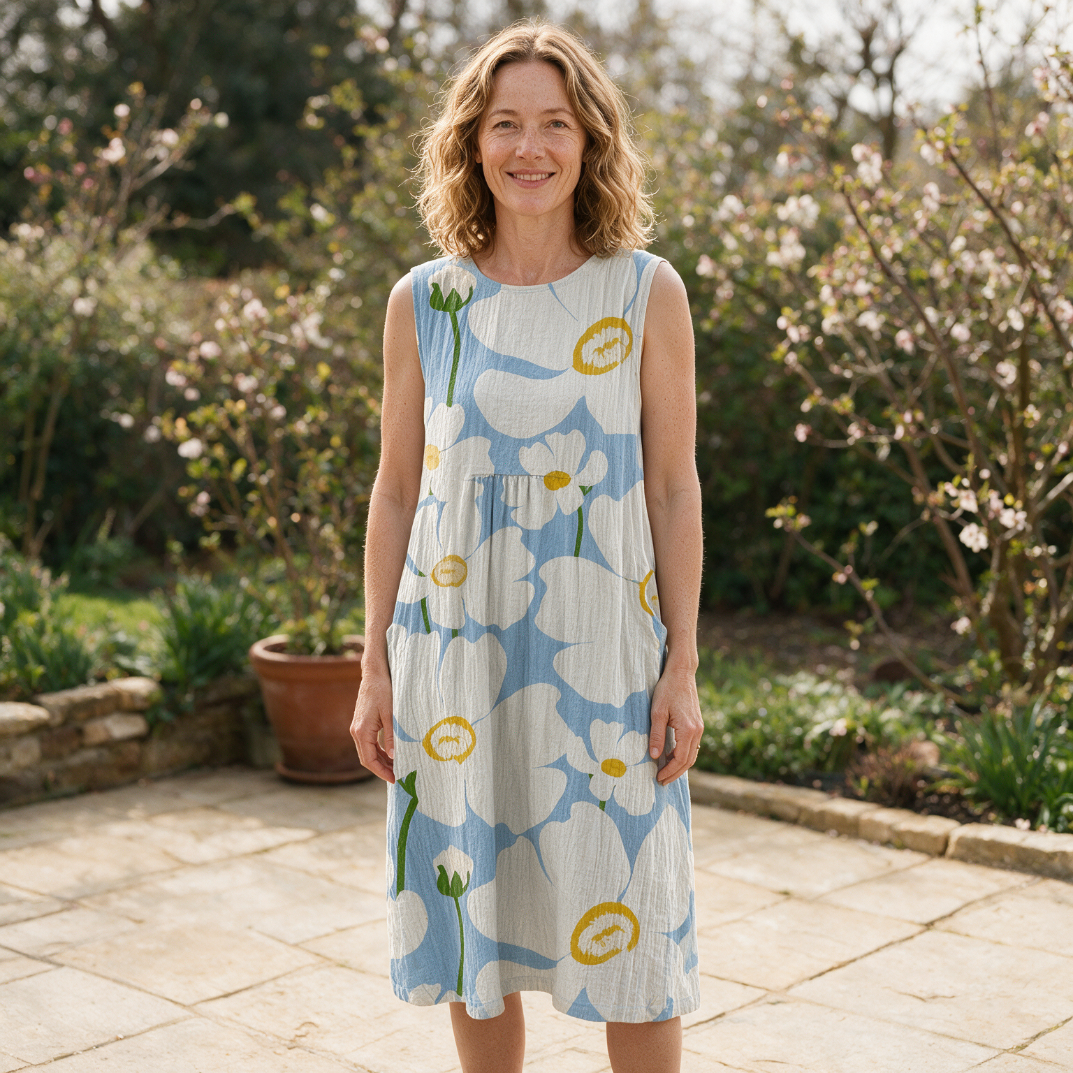 Penny spring dress front view on garden terrace