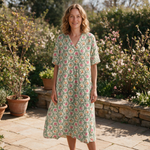Ginny spring dress front view on garden terrace