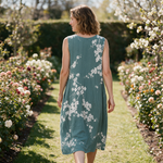 Tanya spring dress back view on a garden path