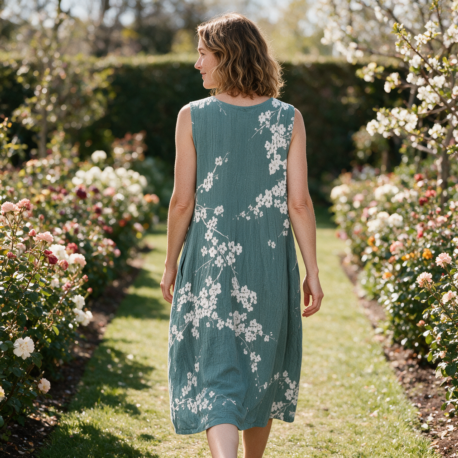Tanya spring dress back view on a garden path
