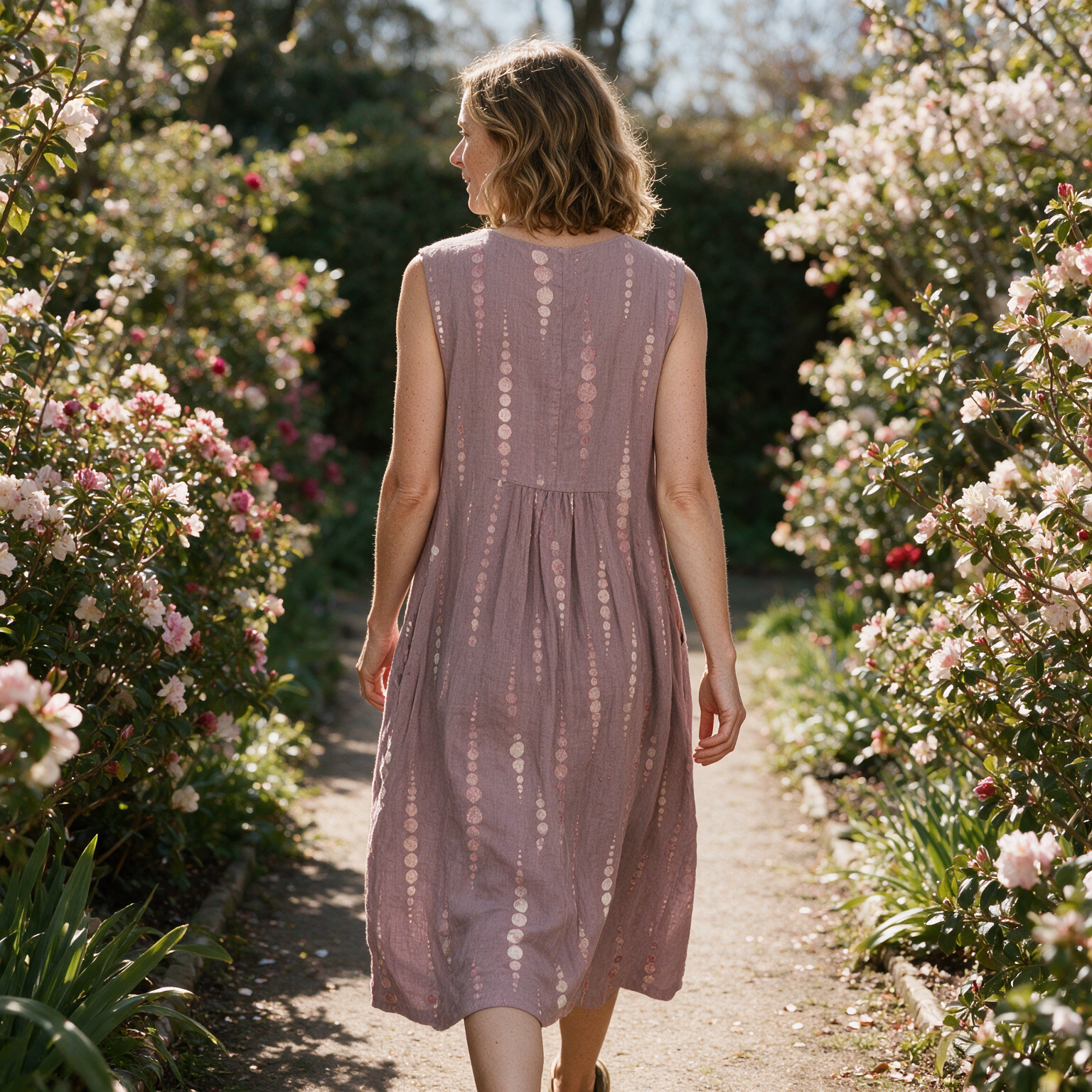Georgie spring dress back view on a garden path