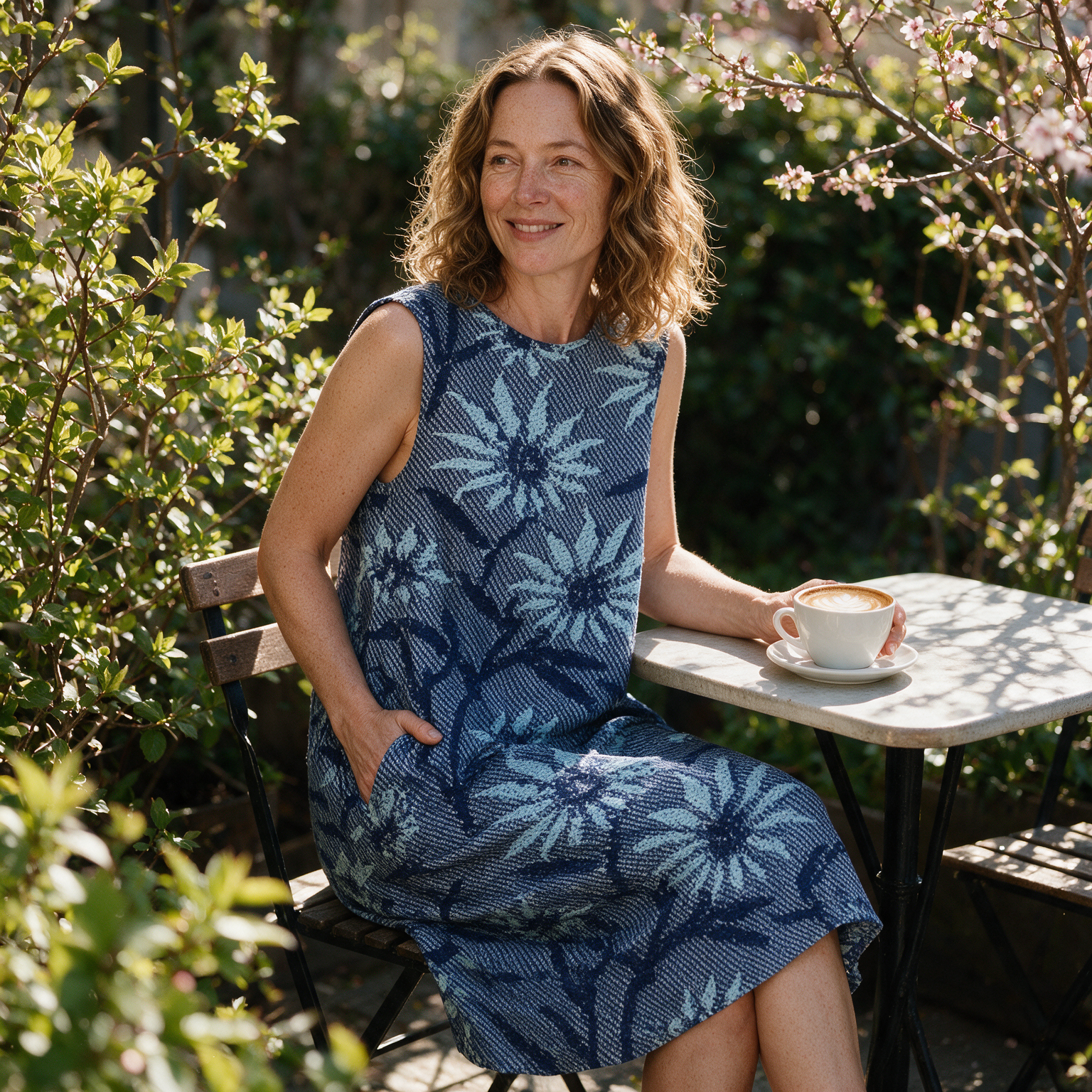 Yvonne spring dress three quarter view at an outdoor cafe