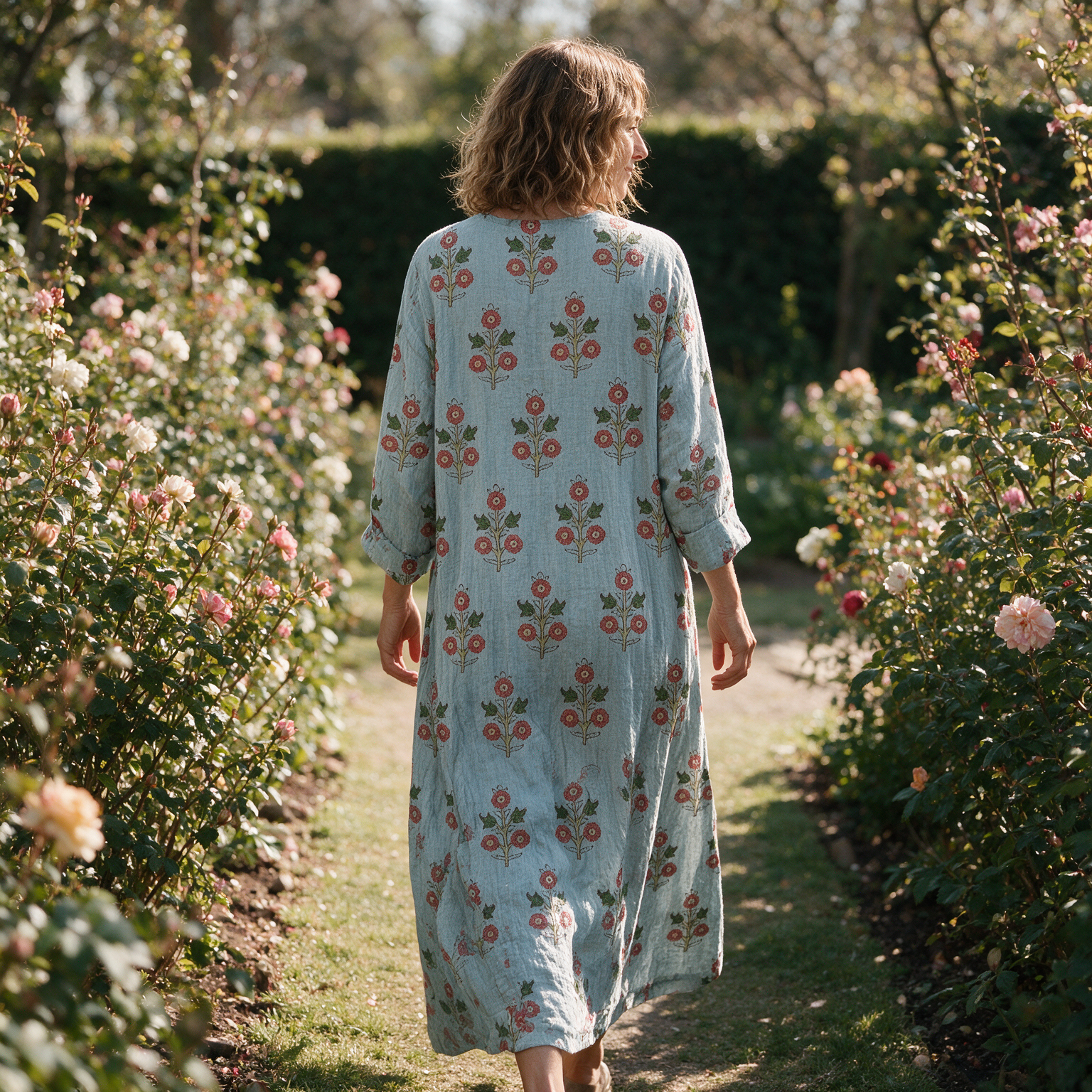 Wanda spring dress back view on a garden path