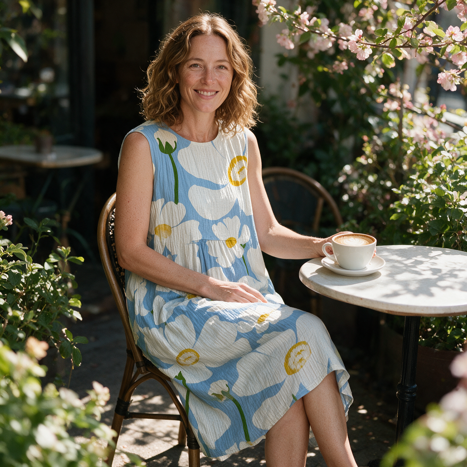 Penny spring dress three quarter view at an outdoor cafe