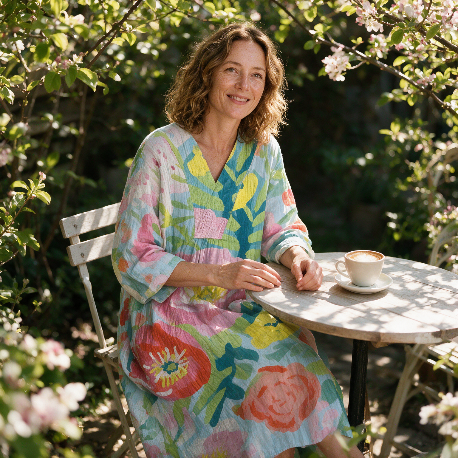 Linaëlle spring dress three quarter view at an outdoor cafe
