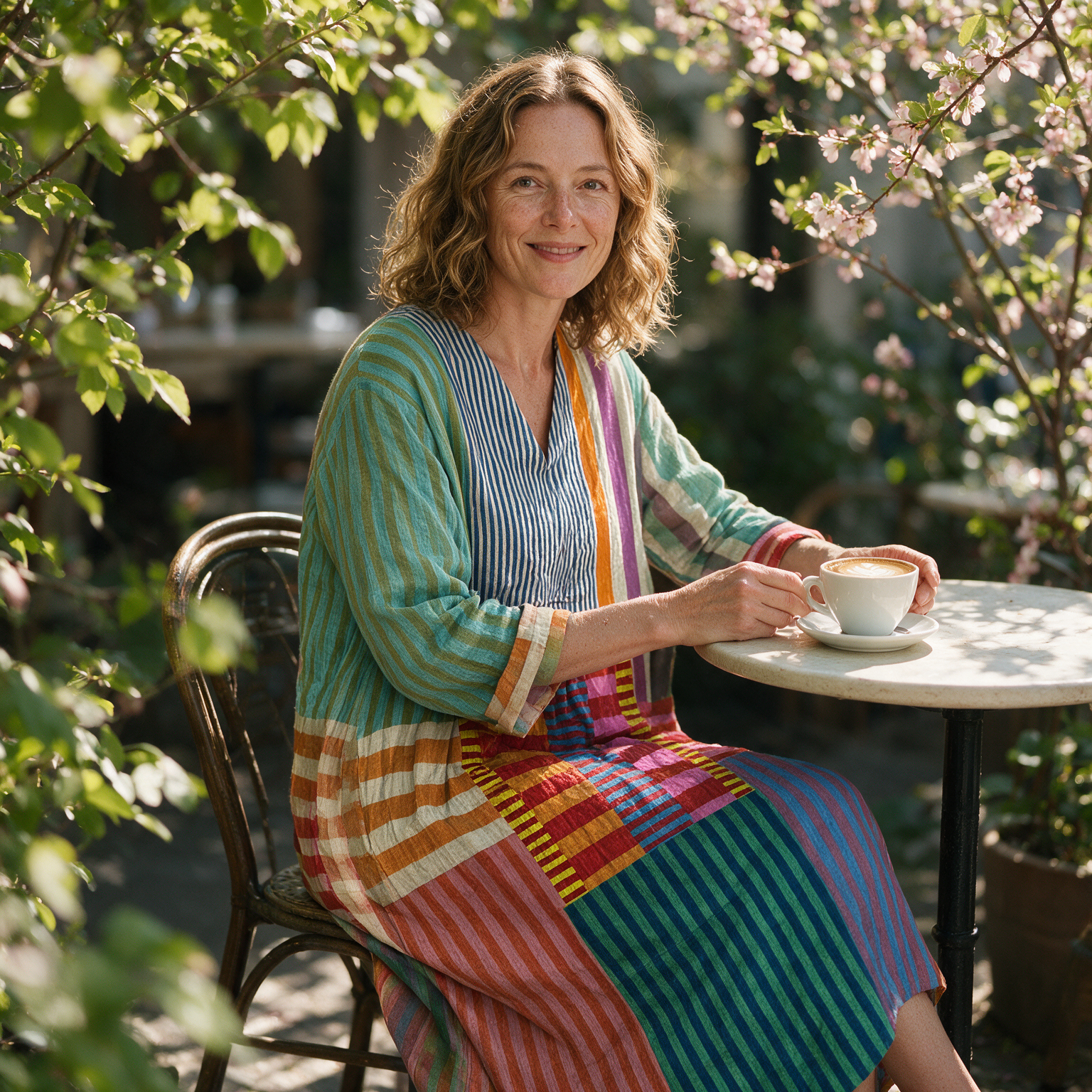 Hayley spring dress three quarter view at an outdoor cafe