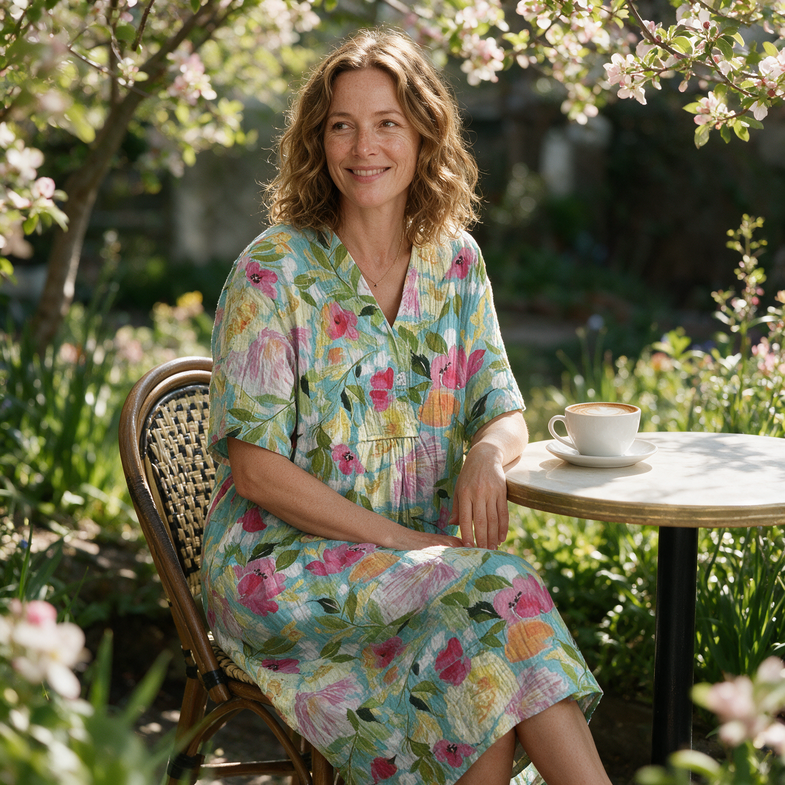Bronwyn spring dress three quarter view at an outdoor cafe