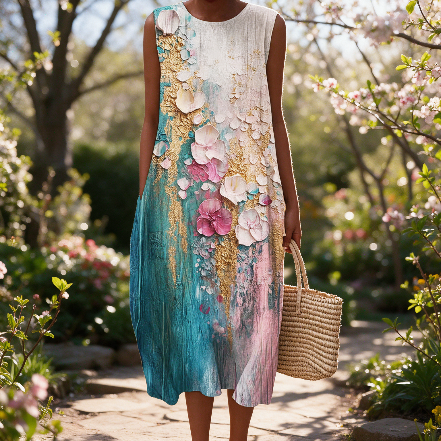 Renee spring dress in a sunlit garden