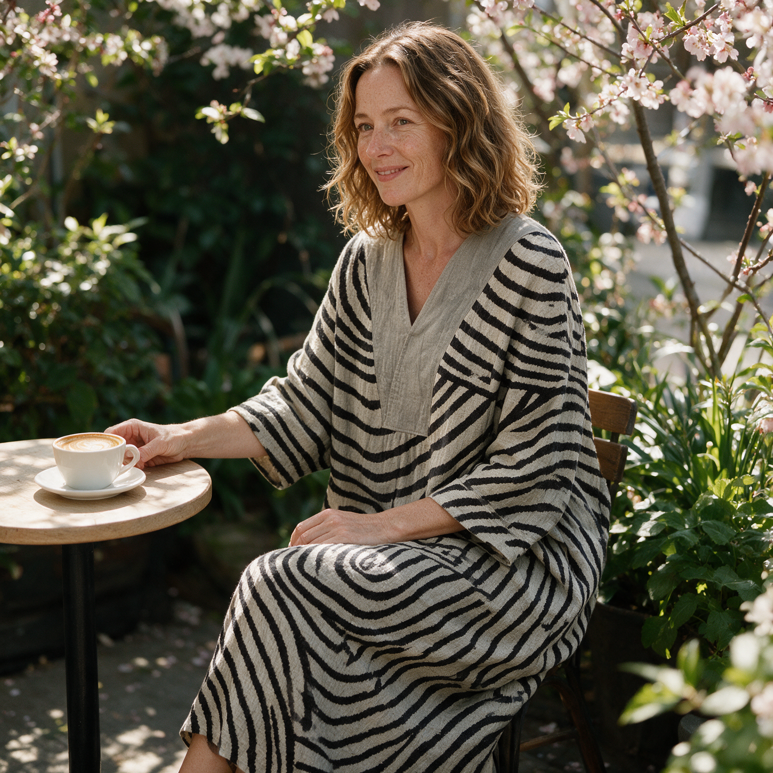 Sienna spring dress three quarter view at an outdoor cafe