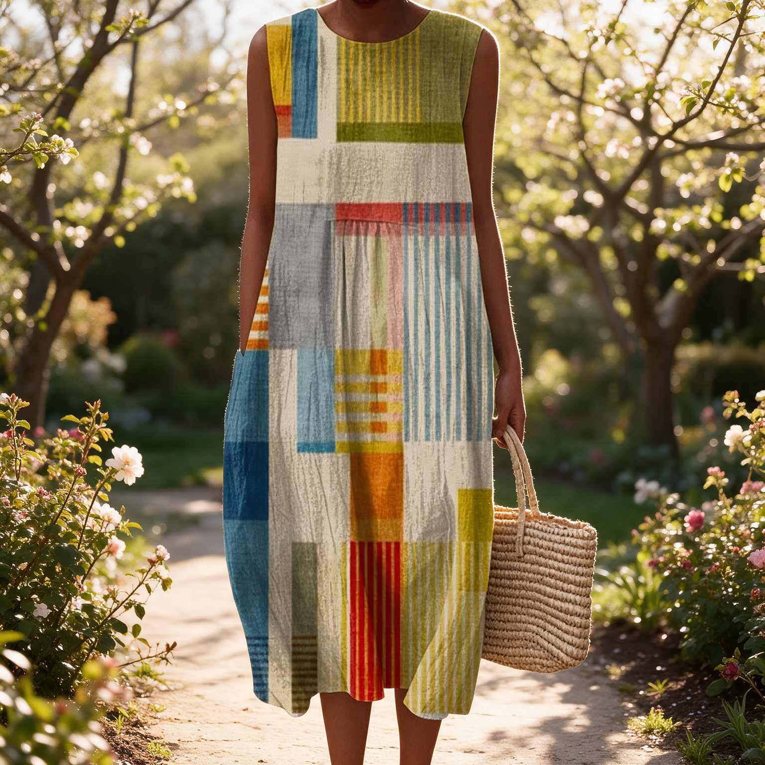 Jacinta spring dress in a sunlit garden