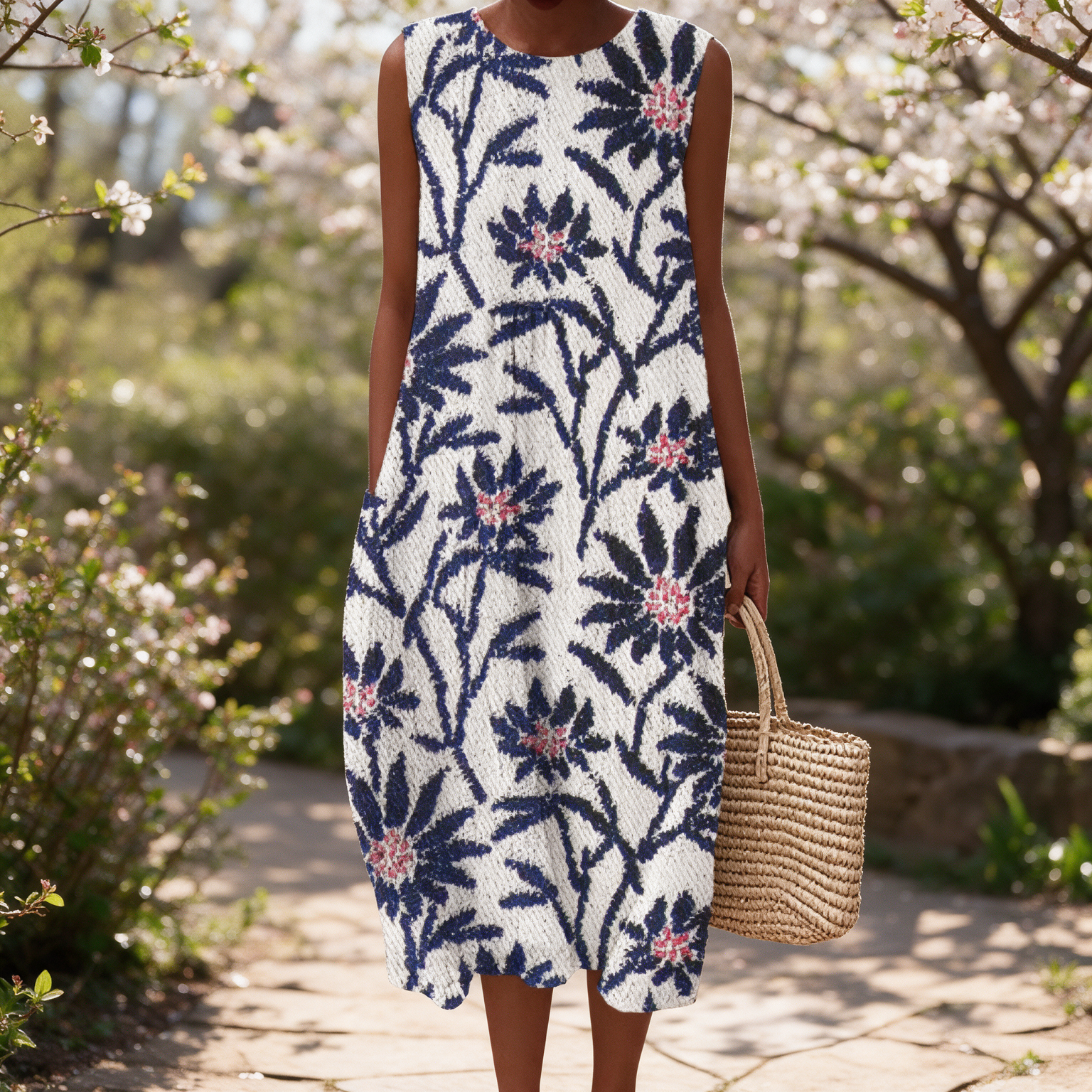 Zara spring dress in a sunlit garden