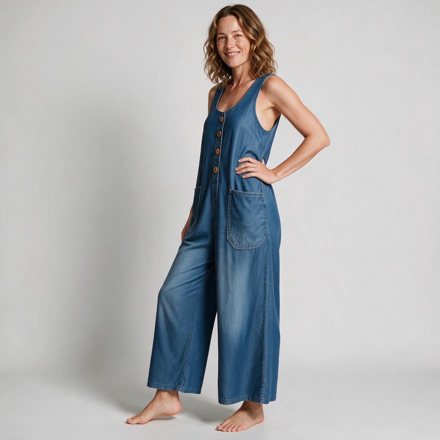 Isla Vintage Washed Denim Cotton Jumpsuit - side view